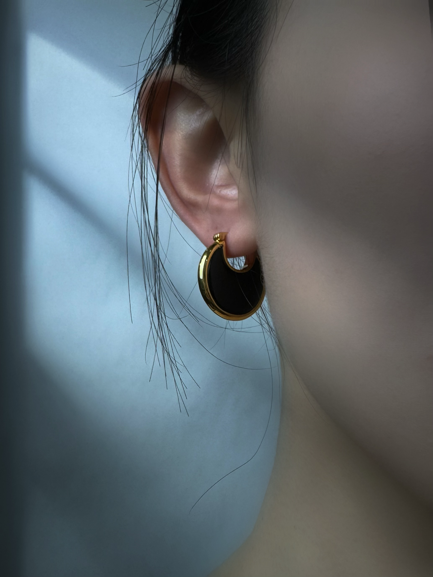 18K Gold - Black Crescent Huggie Earrings