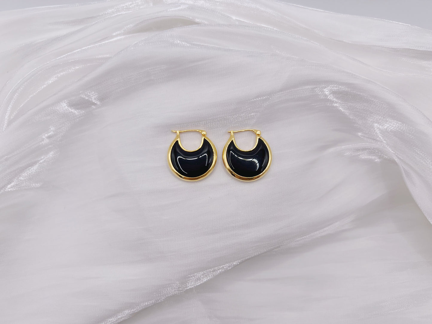 18K Gold - Black Crescent Huggie Earrings