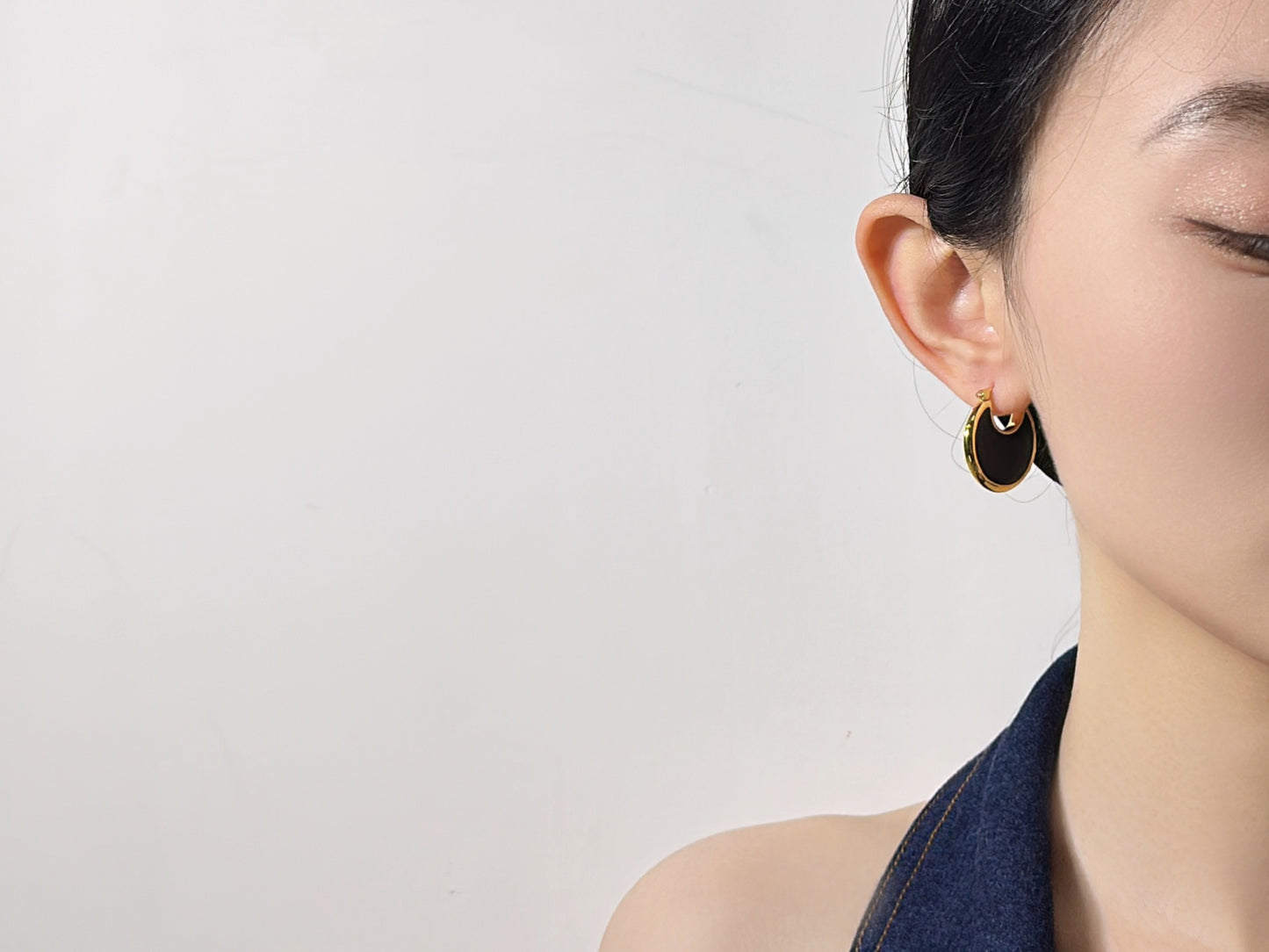18K Gold - Black Crescent Huggie Earrings