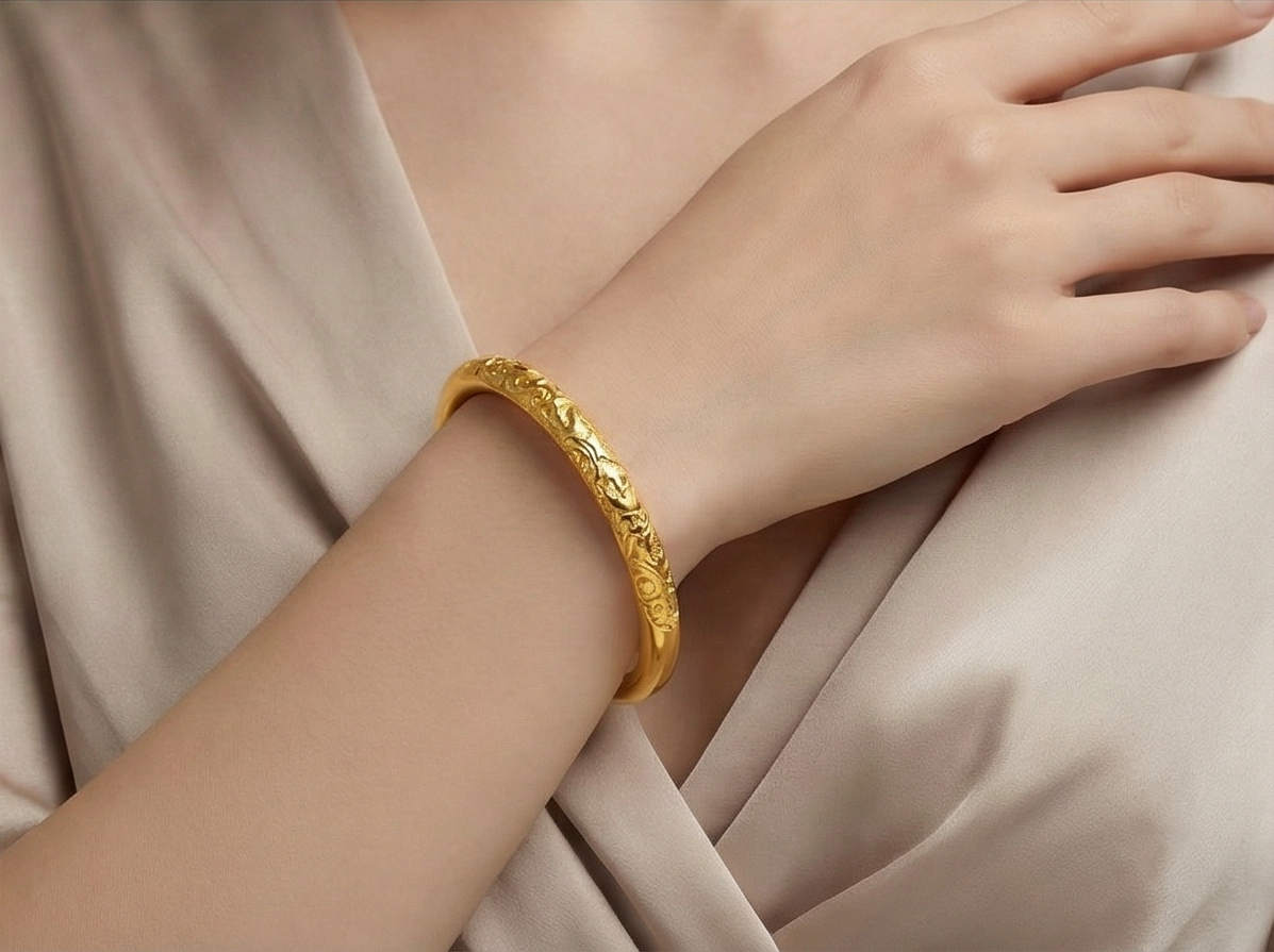 【ZLBR012】Scroll Pattern Gold-Over-Silver Bangle · 5mm Delicate Edition